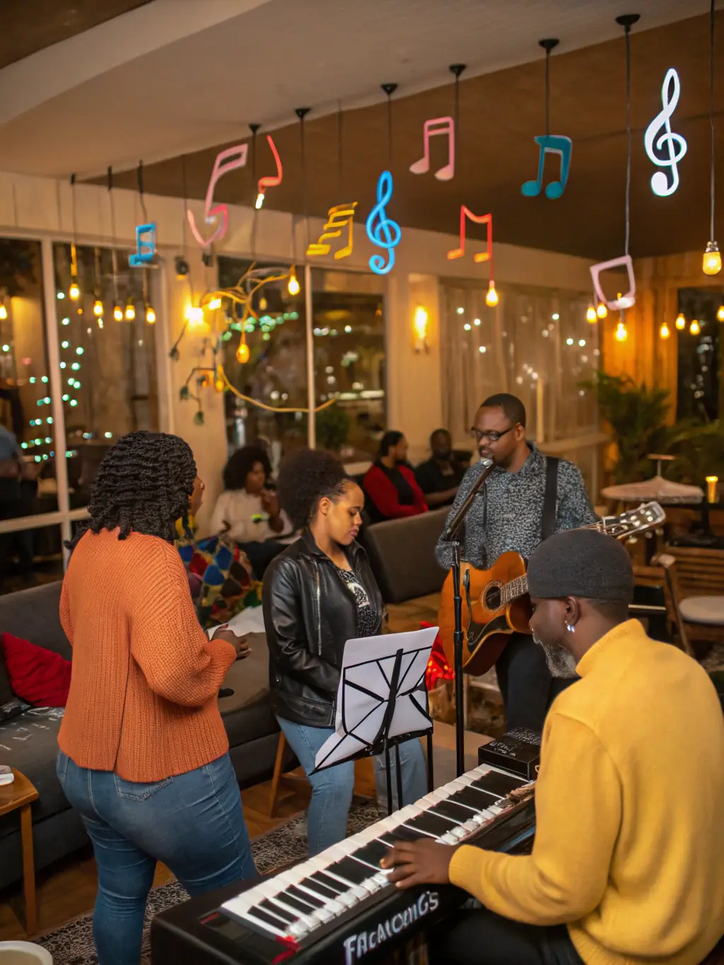 A photo of a networking event organized by BE SCOTT AND CO, showcasing musicians, fans, and industry professionals engaging in discussions and collaborations.