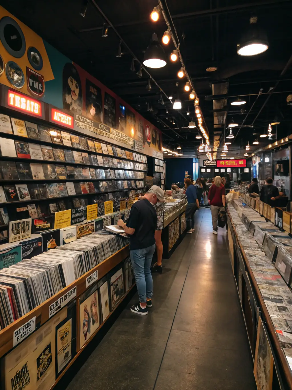 A photograph capturing the bustling atmosphere of a record fair, with attendees browsing through vinyl records and band merchandise, highlighting the community aspect.