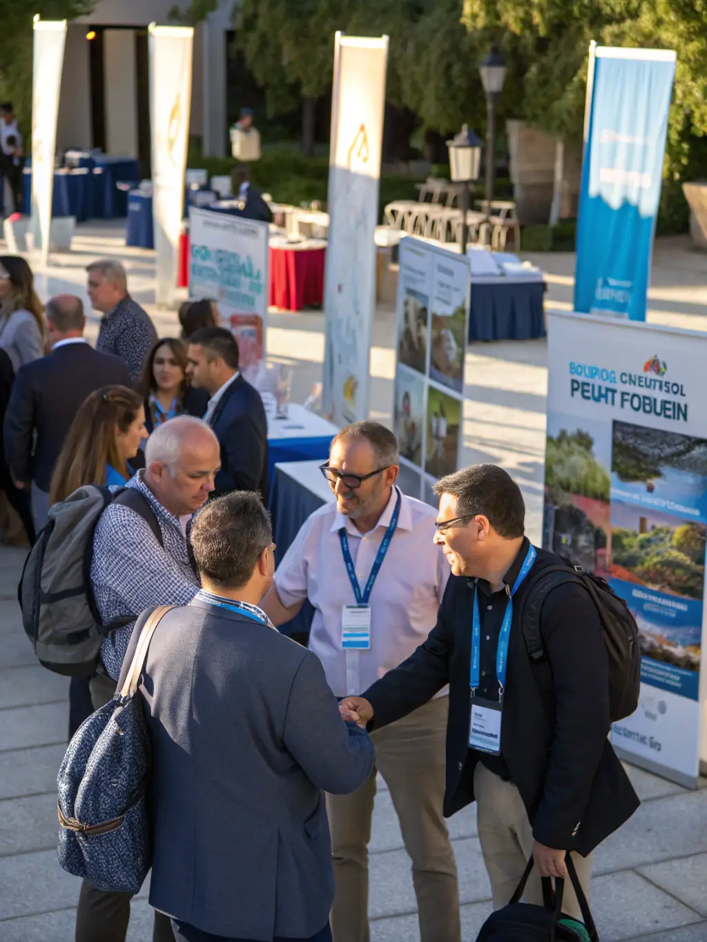 A dynamic image of attendees networking at a BE SCOTT AND CO convention, with people engaged in conversations and exchanging contact information.