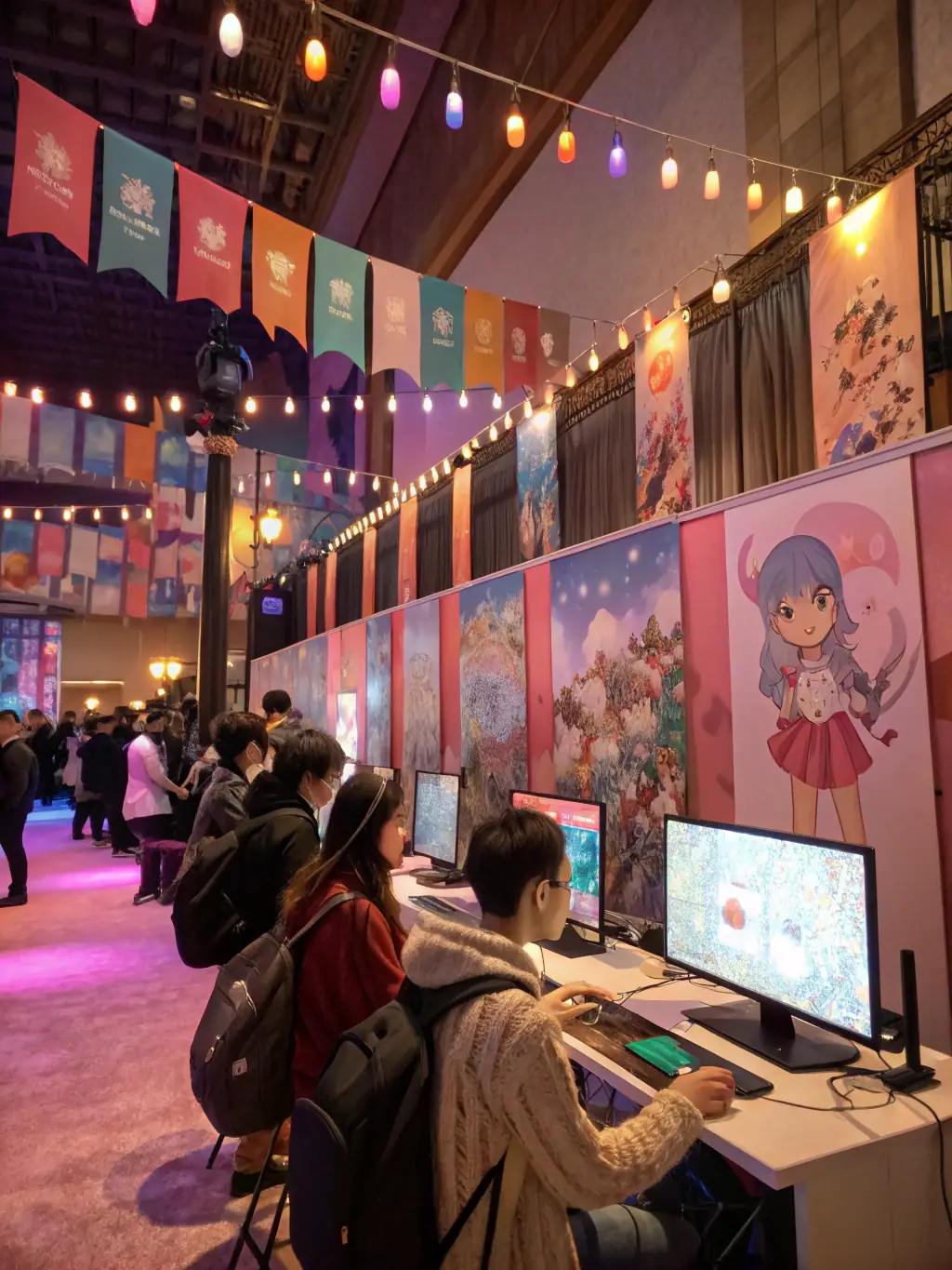A dynamic image of a metal convention, showing fans and artists interacting, workshops, and merchandise stalls, emphasizing the cultural exchange.