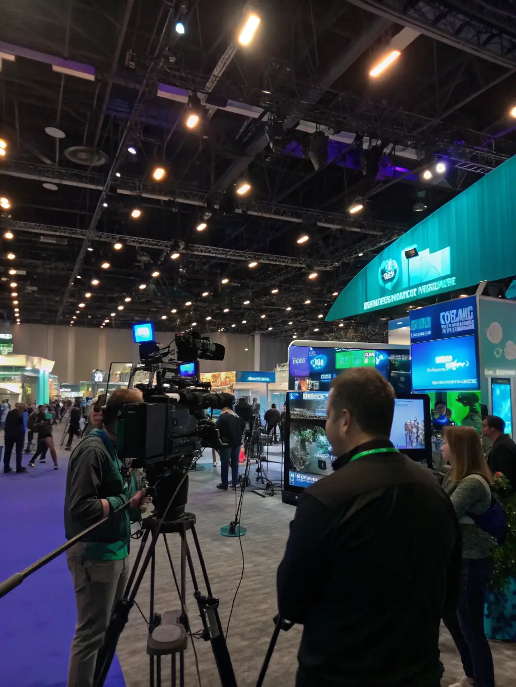 A wide shot of a BE SCOTT AND CO metal convention, showing various booths, displays, and attendees exploring the event.
