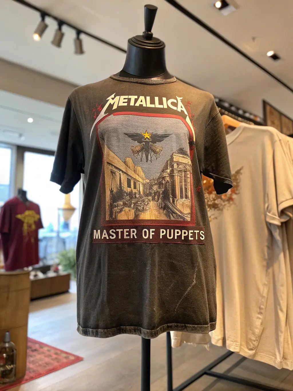 A detailed shot of vinyl records and metal band merchandise at a BE SCOTT AND CO record fair, showcasing the variety of items available for collectors and fans.