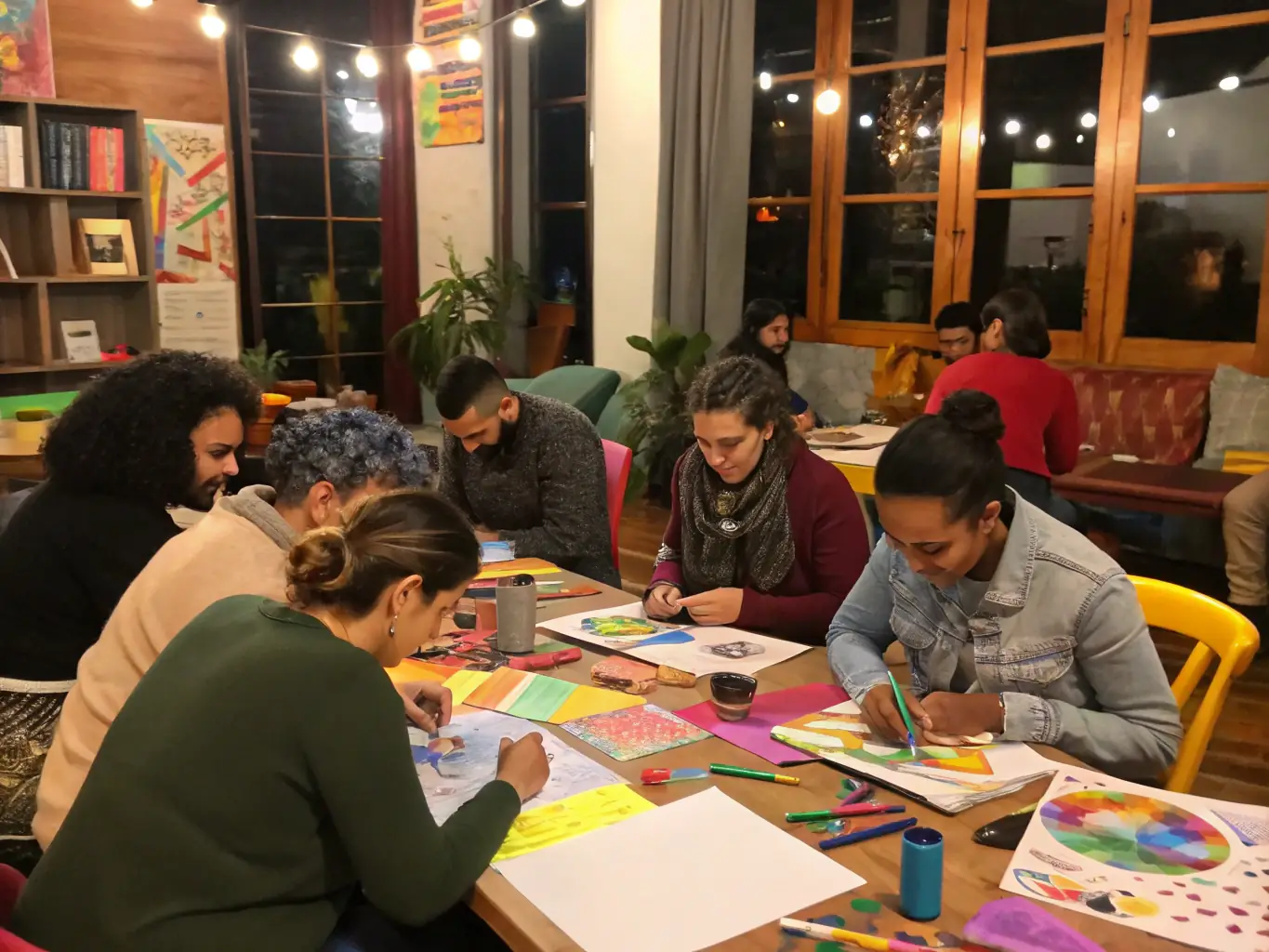 A photo of individuals participating in an art therapy workshop, creating artwork and expressing their emotions through creative mediums. The setting is bright and encouraging, fostering self-expression and healing.