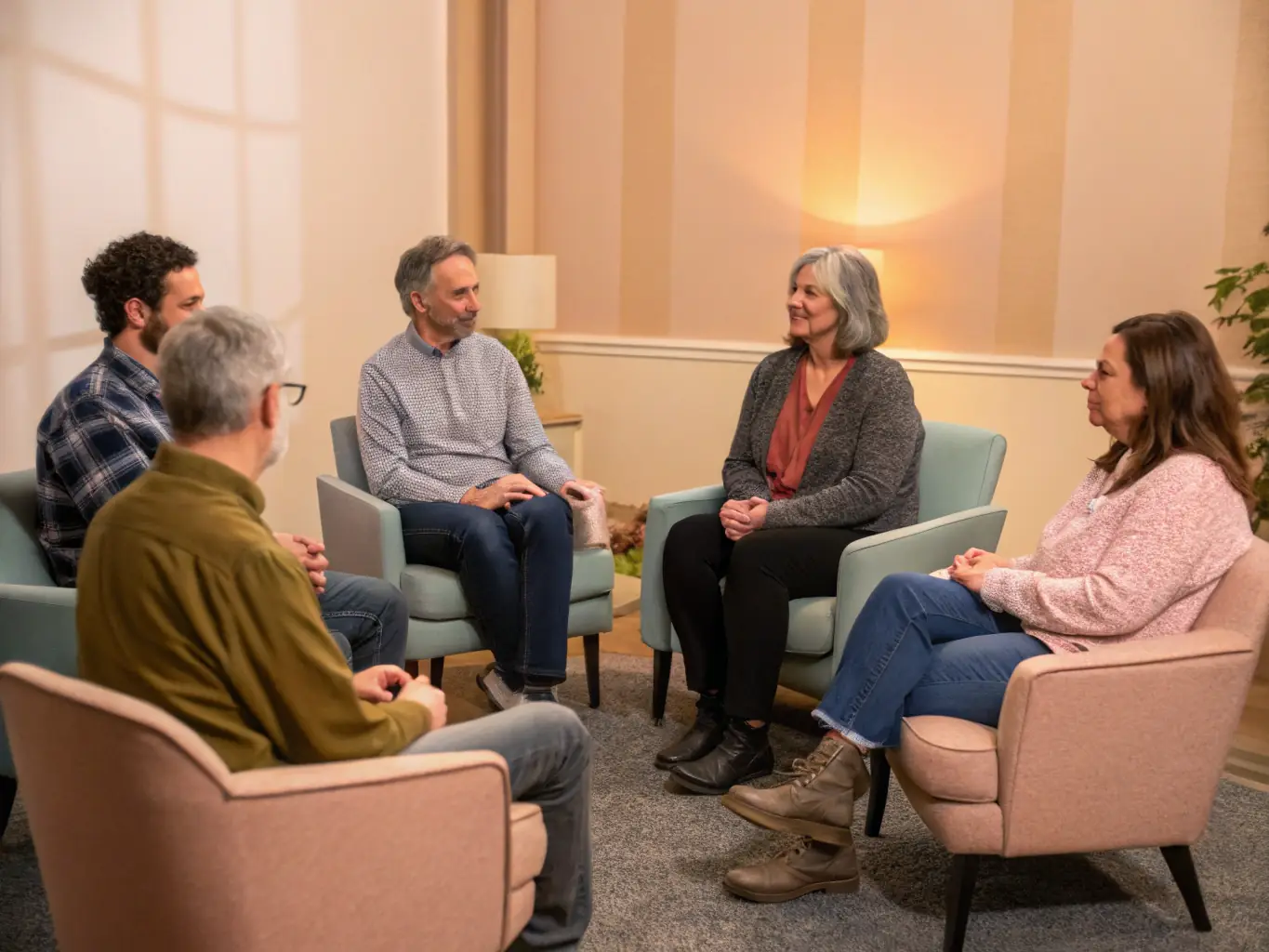 A group of diverse individuals participating in a group therapy session, facilitated by a mental health professional. The setting is a warm, inviting room with comfortable seating.