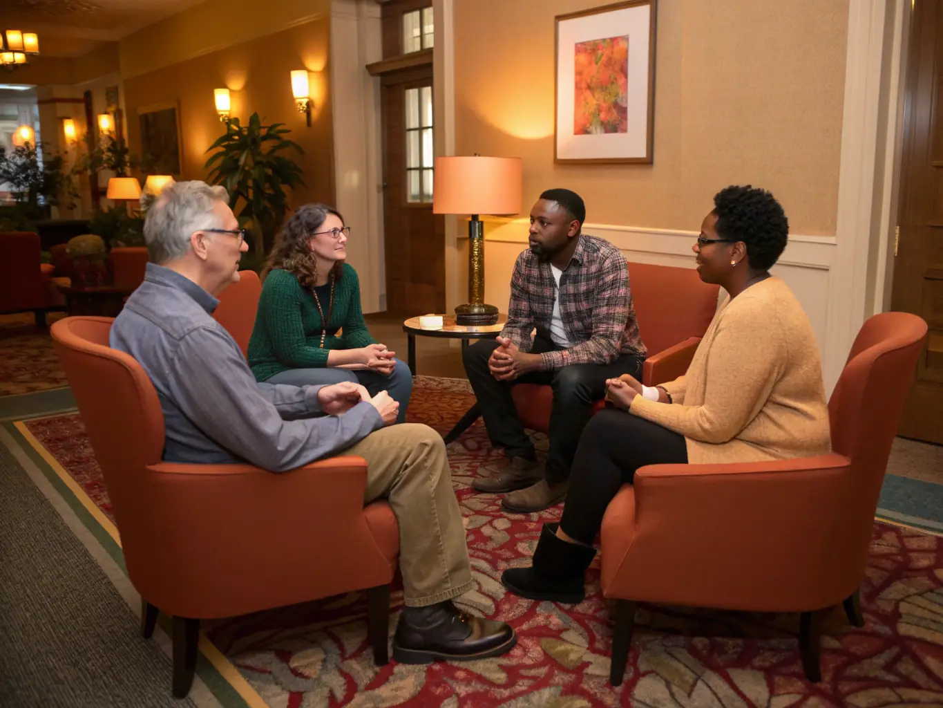 An image of a group therapy session, with participants actively engaged in discussion and support, set in a warm and inviting space. The scene conveys a sense of community and shared experience.