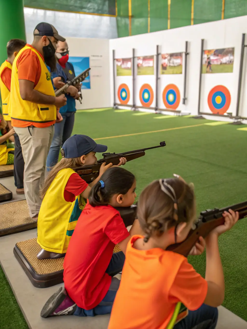 A picture of young participants learning ball trap shooting under the guidance of experienced instructors, emphasizing youth engagement and skill development.
