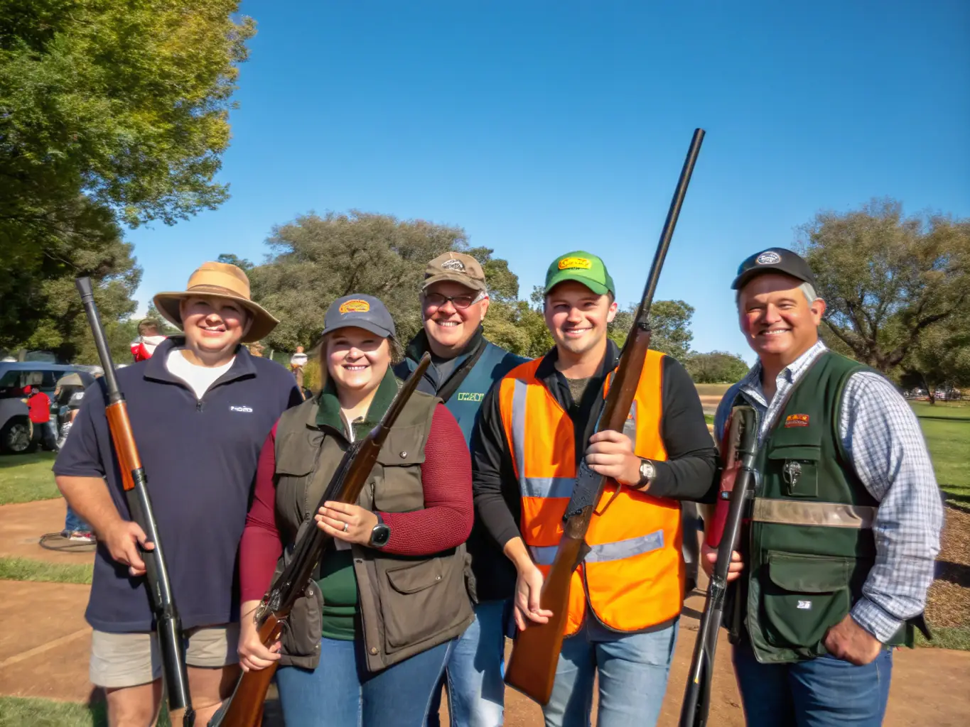 A photograph of club members participating in a friendly shooting competition, showcasing camaraderie and sportsmanship. The image highlights the social aspect of the club and the fun of competitive shooting.