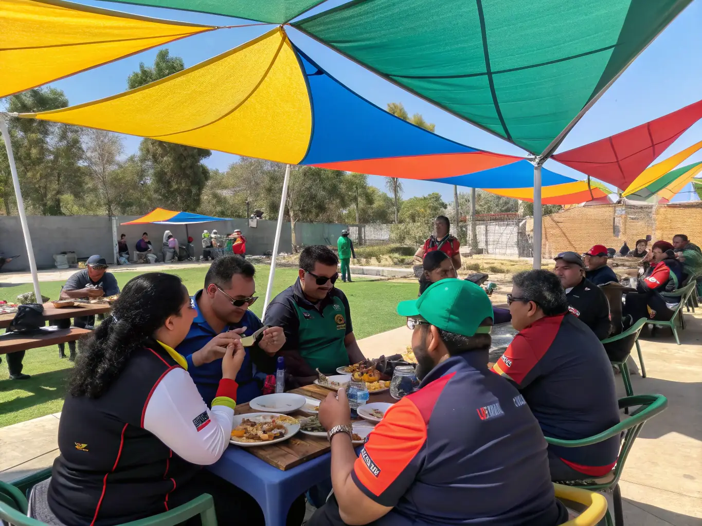 An image of a group of club members socializing after a shooting session, with refreshments and friendly conversation. The scene emphasizes the club's community spirit and the opportunities for social interaction.