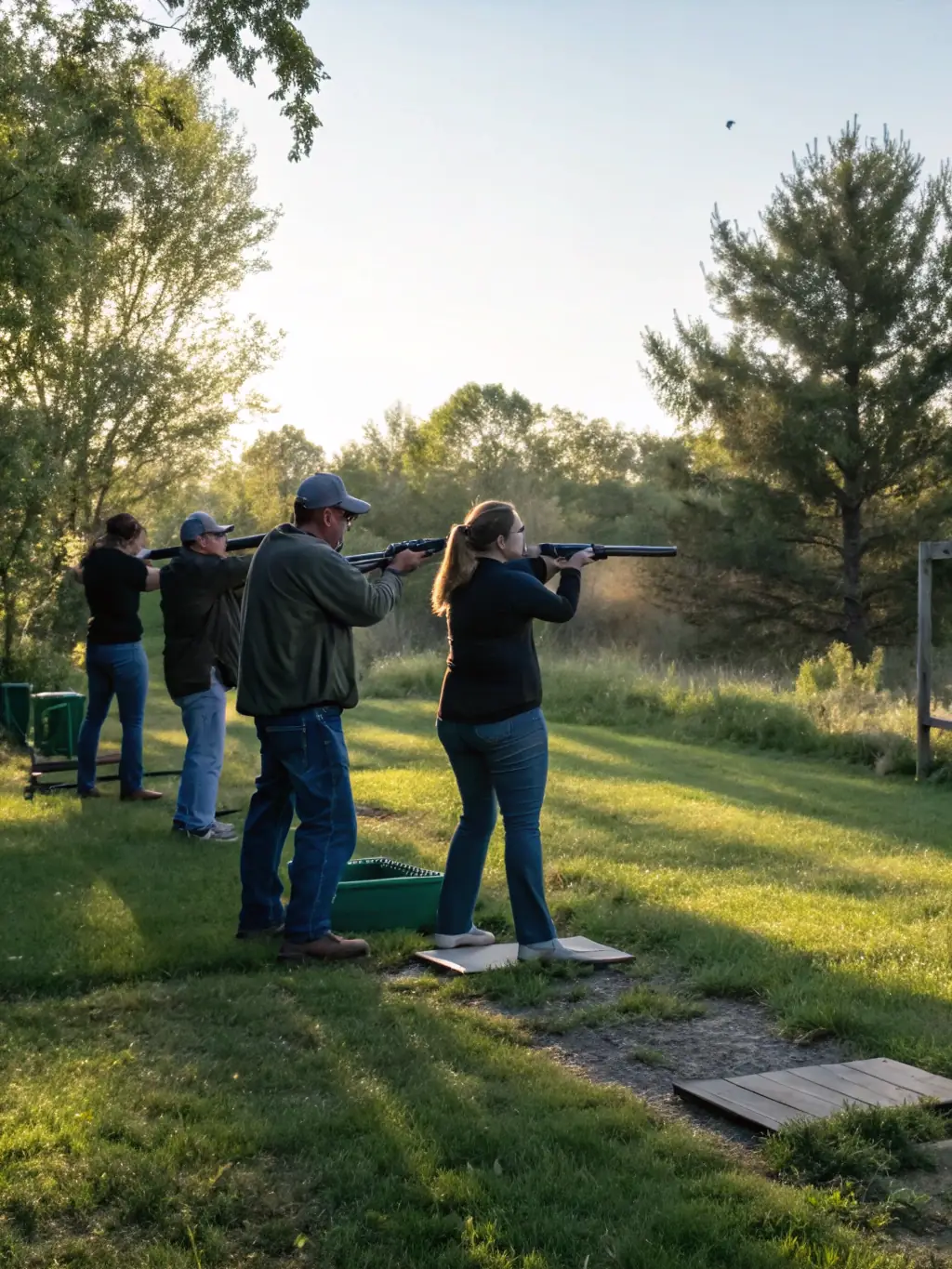 A group of club members participating in a recreational ball trap shooting event, with smiles and camaraderie evident in their expressions.