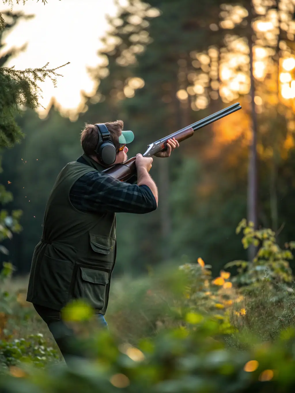 A photograph of a ball trap shooting session in progress, with a shooter aiming at a clay target being launched into the air, showcasing the dynamic nature of the sport.